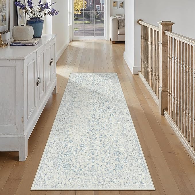 3x8 Blue Runner Rug Hallway Non Slip Kitchen Vintage Distressed Long Carpet Indoor Machine Washable Retro Floral Bedroom Accent Throw Rug for Office Laundry Bathroom Dining Living Room