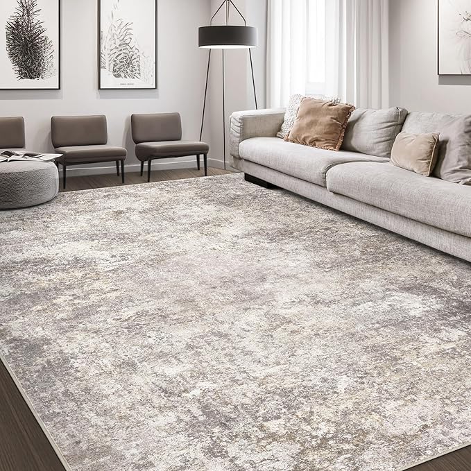 Area Rug Living Room Rugs - 10x12 Washable Large Soft Indoor Neutral Modern Abstract Low Pile Rug Carpet for Bedroom Dining Room Farmhouse Home Office - Brown