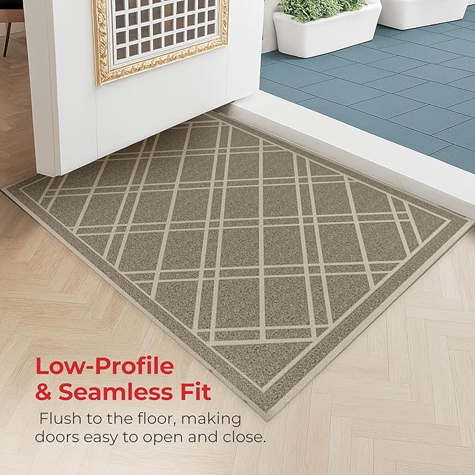 SlipToGrip Durable Door Mat - Taupe Plaid Design Entryway - 42x35 inches, No-Slip and Washable - Indoor and Outdoor Use, Weatherproof - Ideal for Garage, Patio, and Front Entryway