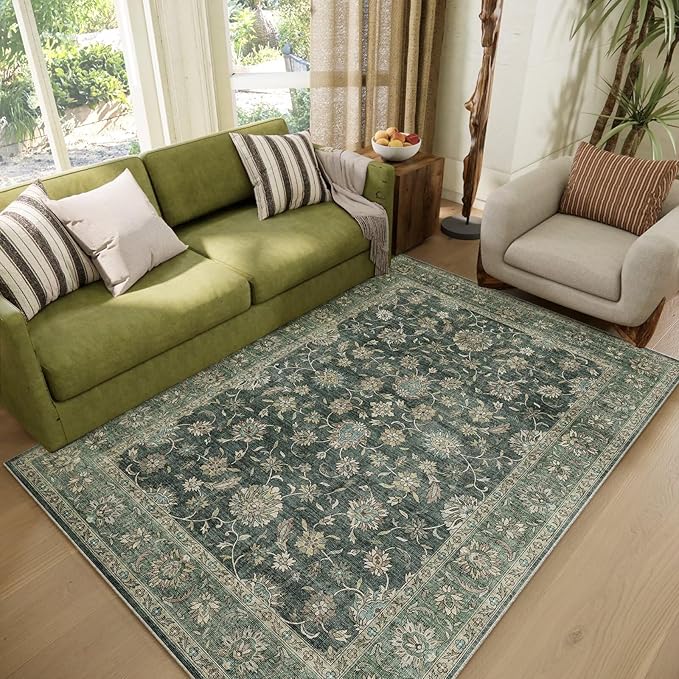 Washable 4x6 Rugs for Living Room, Boho Non-Slip Vintage Distress Small Rugs for Bedroom Nursery Office, 0.3" Neutral Oriental Throw Thin Carpet with Cushioning Pad, Sage Green/Blue/Multi