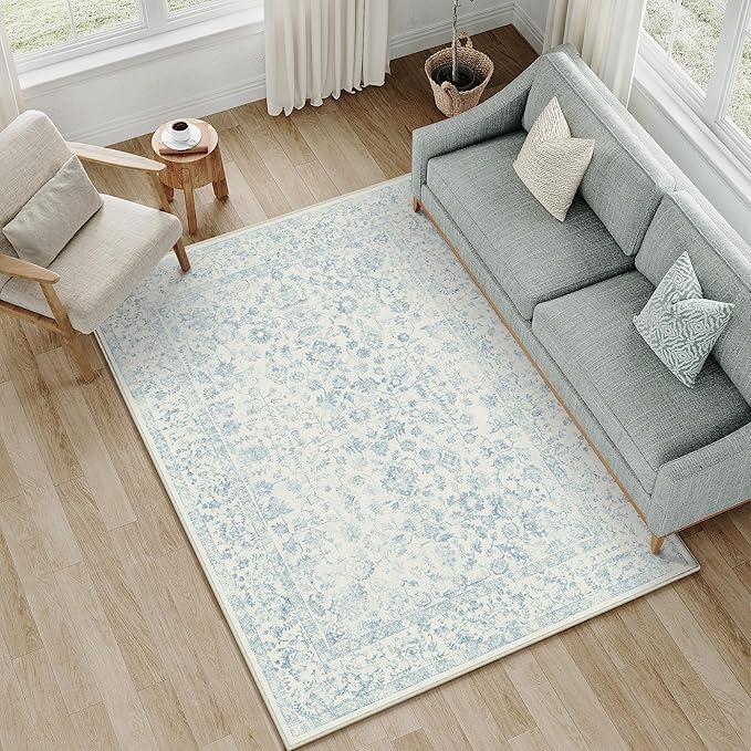 4x6 Blue Area Rug Non Slip Vintage Office Entryway Rug Distressed Machine Washable Kitchen Carpet Traditional Retro Floral Accent Throw Door Mat for Bedroom Bathroom Dining Living Room