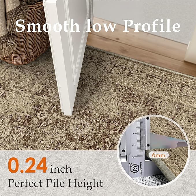 Brown 6x9 Area Rug Non Slip Vintage Living Room Distressed Machine Washable Carpet Retro Indoor Bedroom Traditional Floral Accent Throw Rug for Office Kitchen Dorm Dining Room