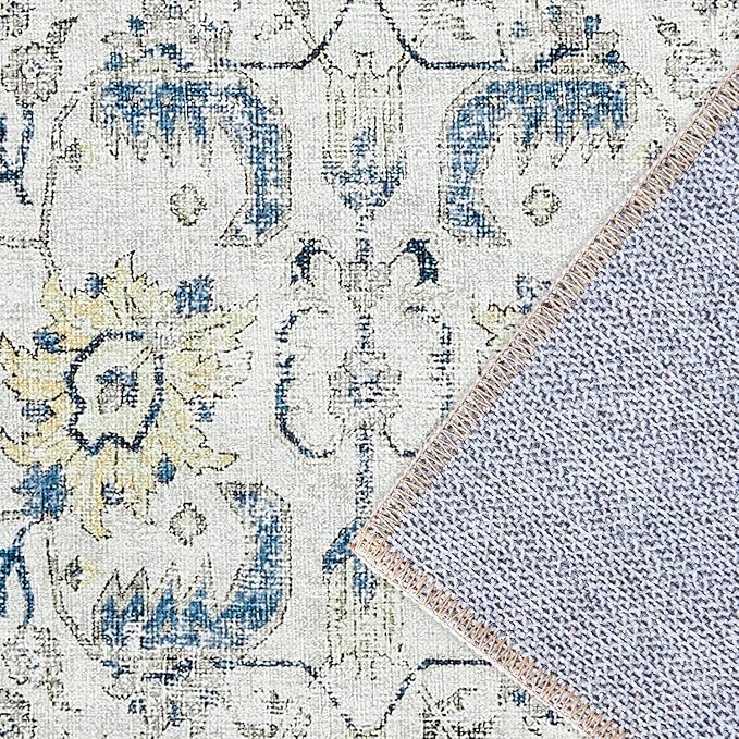 jinchan Kalen Area Rug 8x10 Washable Living Room Rug Vintage Indoor Large Floor Cover Retro Accent Mat Distressed Floral Country Boho Non Slip Thin Carpet for Bedroom Dining Room Office Blue Multi