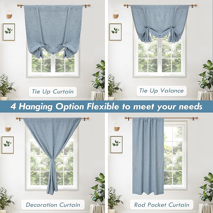DriftAway Double Layer Linen Blackout Tie Up Curtains Thermal Insulated Fully Lined Balloon Roman Shade Bathroom Window Adjustable Rod Pocket for Small Window 39 Inch by 55 Inch Dusty Blue