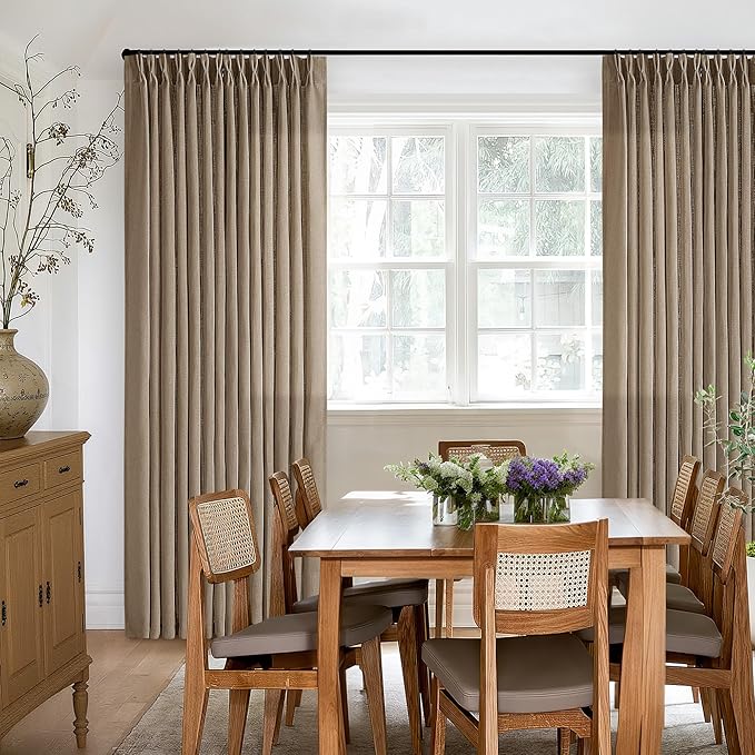 Pinch Pleated Neutral Linen Curtains 84 Inches Long 2 Panels Set for Living Room Dining Pinch Pleat Back Tab Light Filtering Farmhouse Boho Retro Window Curtain Drapes 84 Inch Length Latte Tan Brown