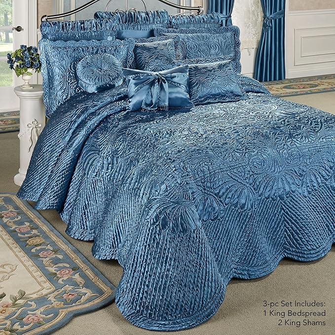 Touch of Class Portia Luxury Bedding | Rich Sapphire Blue | Premier Quilted Polyester Satin | Romantic Hand Guided Machine Quilted Scroll Design 3 Piece Set: King Oversized Bedspread, 2 King Shams