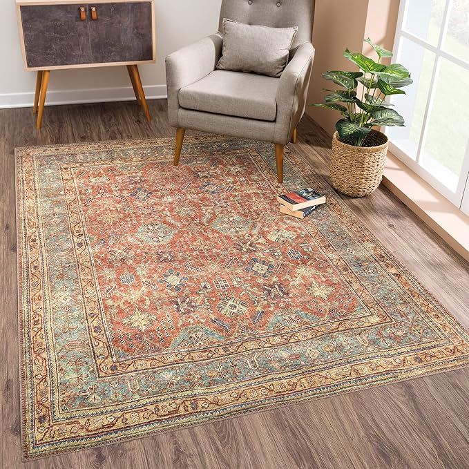 Bloom Rugs Washable Non-Slip 4' x 6' Rug - Terracotta/Mustard Traditional Area Rug for Living Room, Bedroom, Dining Room, and Kitchen - Exact Size: 4' x 6'