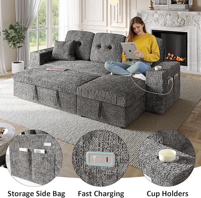 4 in 1 Sleeper Sofa Bed, 90 Inch Pull Out Couch Bed with Adjustable Backrest | Reversible Storage Chaise | Wide Armrest | Tool Free Assembly, Sectional Couches for Living Room, Grey Chenille