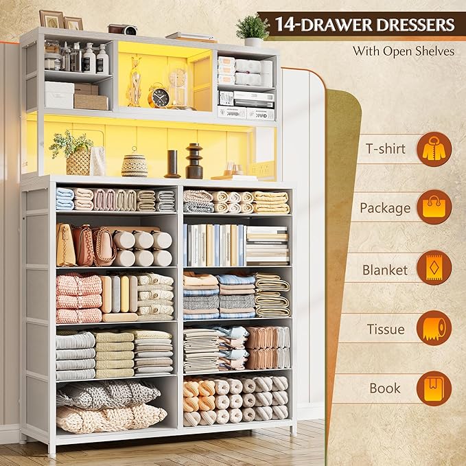 EnHomee 62.8" H Dresser for Bedroom with 14 Fabric Drawers,White Dresser with Charging Station and LED Lights,Dressers & Chests of Drawers for Bedroom, Steel Frame & Wooden Top, Entryway