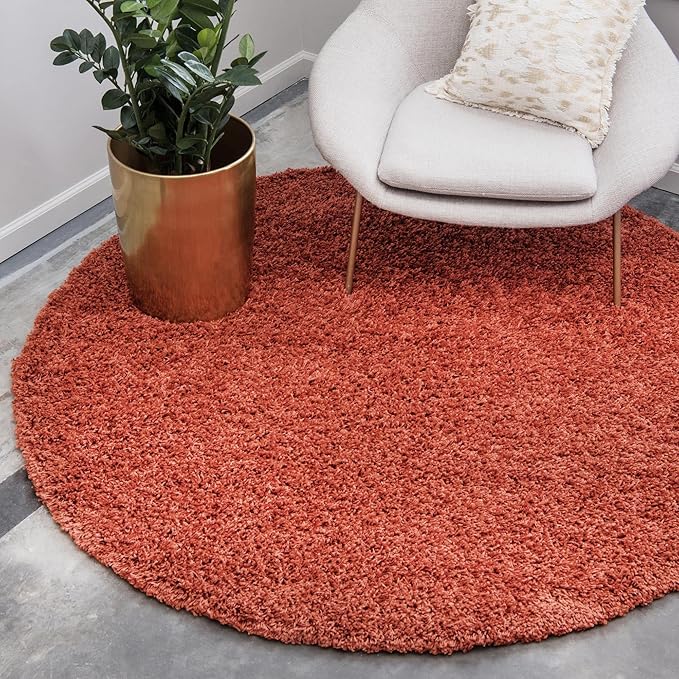 Unique Loom Solid Shag Collection Area Rug (7' 1" Round, Terracotta)