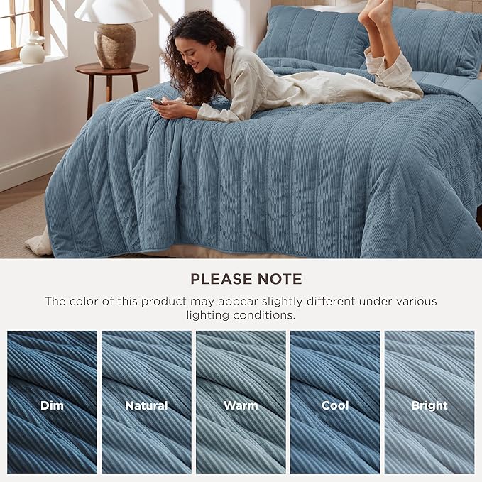 Bedsure Luxury Velvet Quilt Queen Size - Lightweight Velvet Blue Fluffy Comforter Set, Oversized Corduroy Bedspread Coverlet Winter Bedding Set, Pet-Friendly, Tear-Resistant, Ultra-Soft, 90"x96"