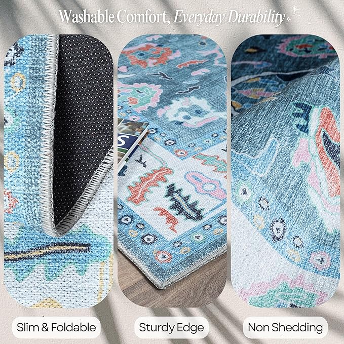 Fame Rugs Teal Modern Oushak Rug 3x5, Washable Vintage Turkish Colorful Oriental Antique Inspired Foldable Small Area Rugs, Luxury Living Room Bedroom (995T, 2'6" x 5')