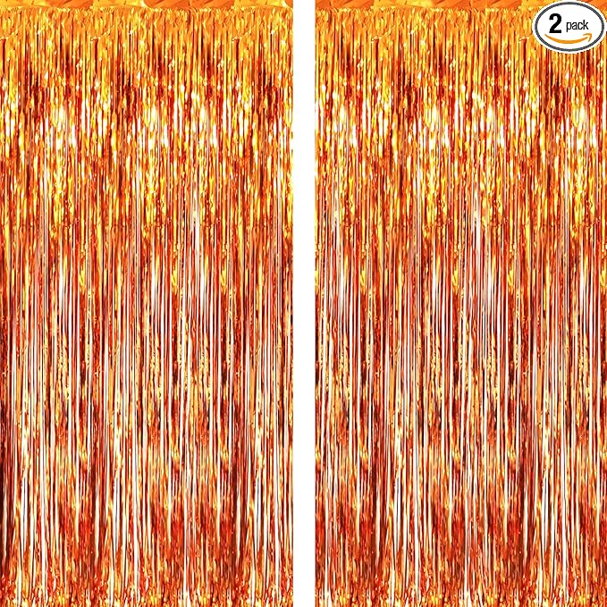 GOER 6.4 ft x 8.2 ft Metallic Tinsel Foil Fringe Curtains,Pack of 2 Party Streamer Backdrop for Birthday,Graduation Decorations and New Year Eve (Orange)