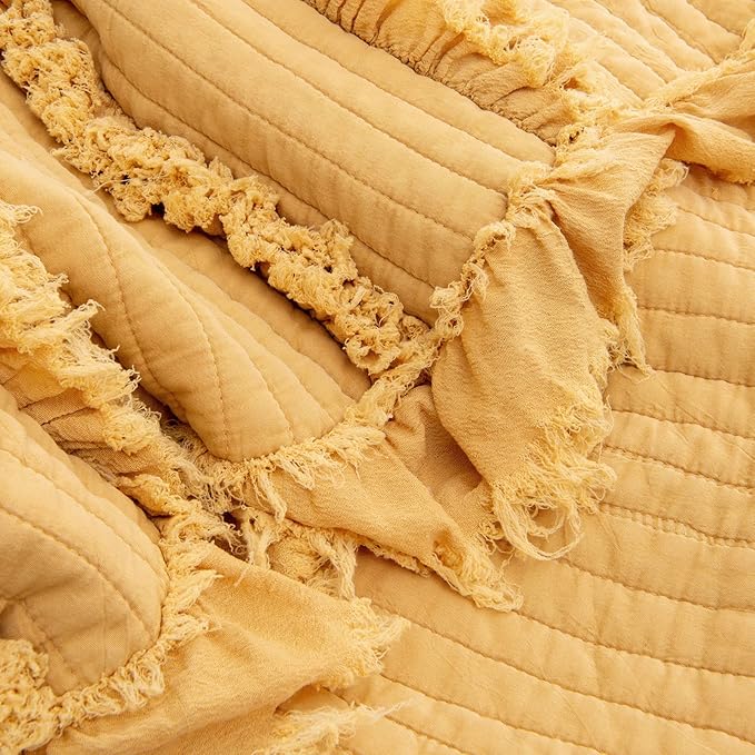 Ultra Soft Pre-Washed Warm Quilted Throw Blanket, Ruffle Fringed Yellow Boho Decorative Throw, Stone Washed Chic Rustic Blanket for Sofa Couch Bed Chair, 50"x 60"