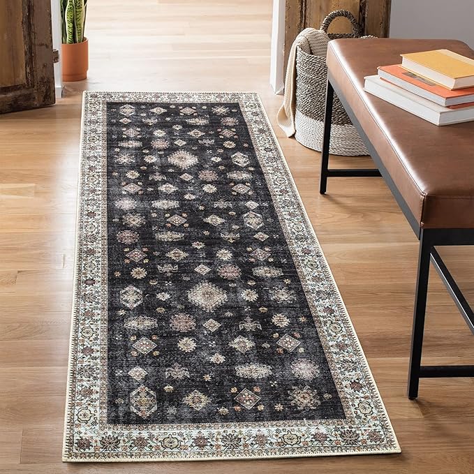 Bloom Rugs Washable Non-Slip 10 ft Runner - Black/Ivory Traditional Runner for Entryway, Hallway, Bathroom, and Kitchen - Exact Size: 2.5' x 10'