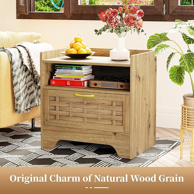 24" Rattan Nightstand Set of 2, Oak Bedside Table with Semi Open Cubby, Boho Night Stand with Farmhouse Arched Base for Bedroom, Side Table, End Table for Dorm
