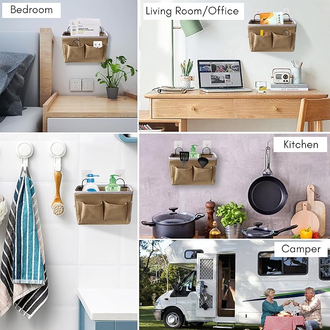 Kanrichu 2pcs Middle Wall Hanging Organizer Bag, Linen Fabric Door Hanging Storage Basket with Pockets, Waterproof Bin for Kitchen, Bedroom, Office, RV Camper (Khaki)
