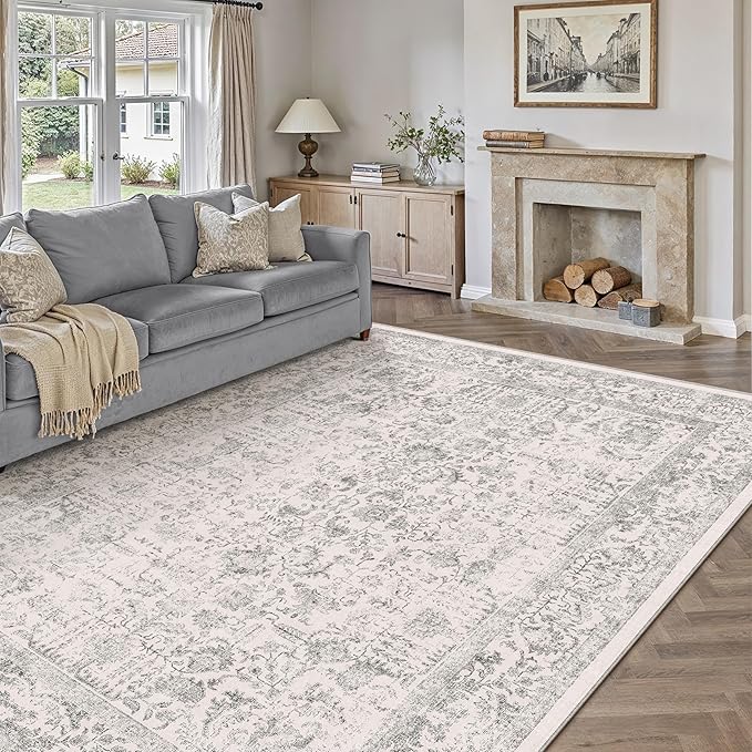 Gray Area Rug 9x12 Machine Washable Large Vintage Living Room Distressed Non Slip Carpet Traditional Indoor Bedroom Grey Retro Floral Accent Throw Rug for Office Kitchen Dining Room