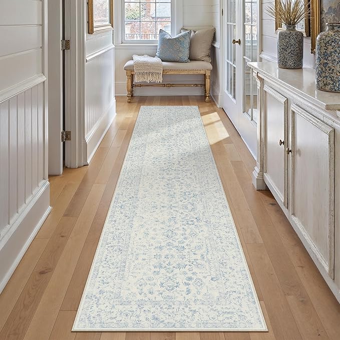 2x10 Blue Runner Rug Hallway Non Slip Kitchen Vintage Distressed Long Carpet Indoor Machine Washable Retro Floral Bedroom Accent Throw Rug for Office Laundry Bathroom Dining Living Room