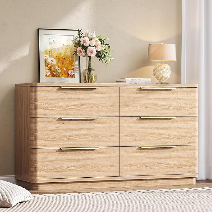 6 Drawer Dresser for Bedroom, 54" Wide Modern Chest of Drawers with Metal Handle, Curved Profile Design, Wooden Oak Dresser Closet Clothes Storage TV Stand for Living Room, Hallway