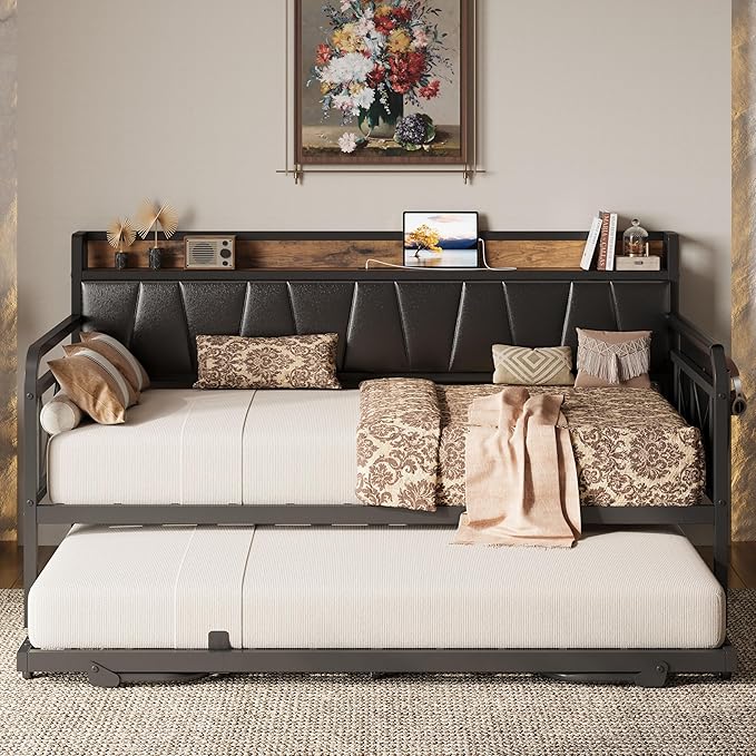 LIKIMIO Daybed with Trundle Bed, Twin XL Bed Frame with Storage Headboard and Charging Station, Sofa Day Bed with Strong Supports for Living Room, Bedroom, and Guest Room, Black