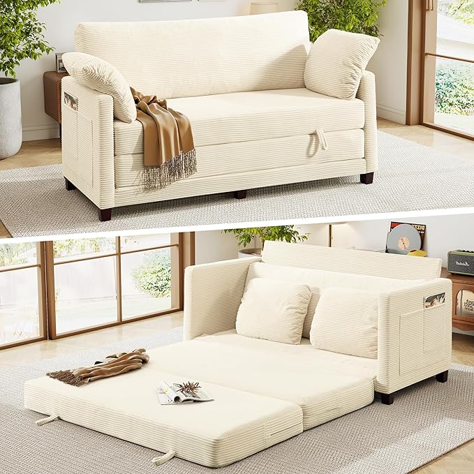 65" Loveseat Sleeper Sofa Bed, Corduroy Convertible Sofa Bed for Small Spaces, Folding Couch Bed with Deep Seat, 2 Pillows & Solid Frame, Pull Out Floor Couches for Living Room, Beige