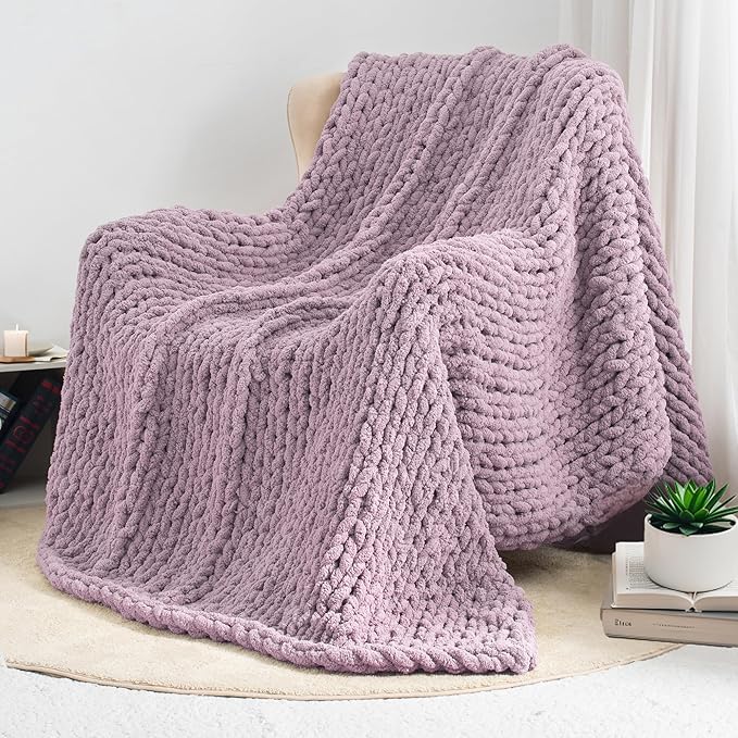 Chunky Knit Throw Blanket 60"X 80", 100% Handmade with Soft Chenille Yarn, 4.4lbs Thick Cable Knitted Blankets, Large Rope Knot Crochet Throws for Couch Sofa Bed Home Decor, Purple