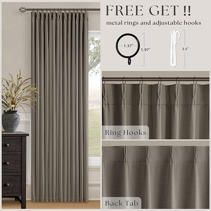 Dark Flax 100 Inch Blackout Pinch Pleated Curtains 2 Panel Set for Living Room Darkening Thick Linen Textured 100% Black Out Drapes 100 Inches Long Pinch Pleat Light Blocking Bedroom Taupe Gray