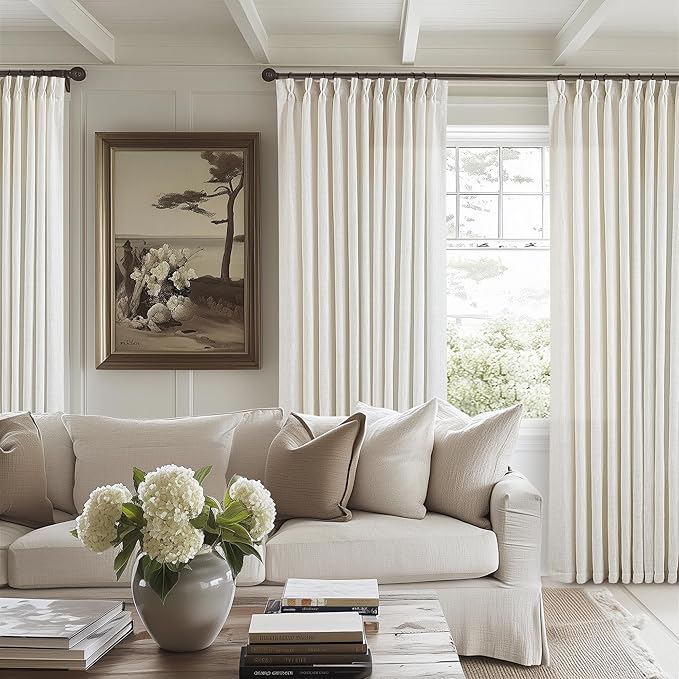 Extra Wide Pinch Pleat Linen Curtains 108 Inches Long for Living Room Sliding Glass Door 70 Inch Wide Semi Sheer Curtain Cream Ivory Boho Pleated Drape Hooks Rings 70x108 Large Window Curtain 1 Panel