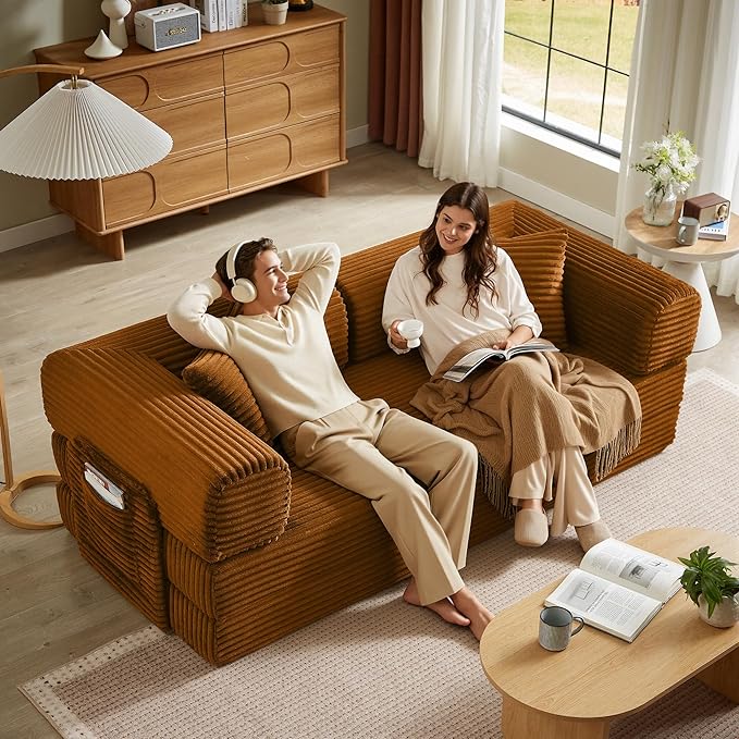 Boneless Couch Folding Couches for Living Room Sofa, Futon Sofa Bed with Sleeper Sofa, Futon Couch with Fixed-Shape Oversized Corduroy Upholstered (Orange, 81 Inches)