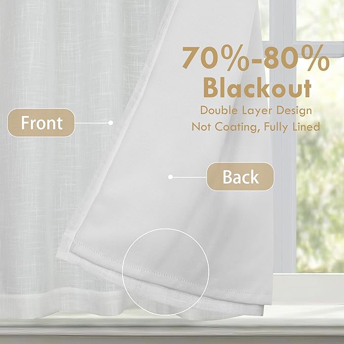 DriftAway Double Layer Linen Blackout Tie Up Curtains Thermal Insulated Fully Lined Balloon Roman Shade Bathroom Window Adjustable Rod Pocket for Small Window 45 Inch by 63 Inch White