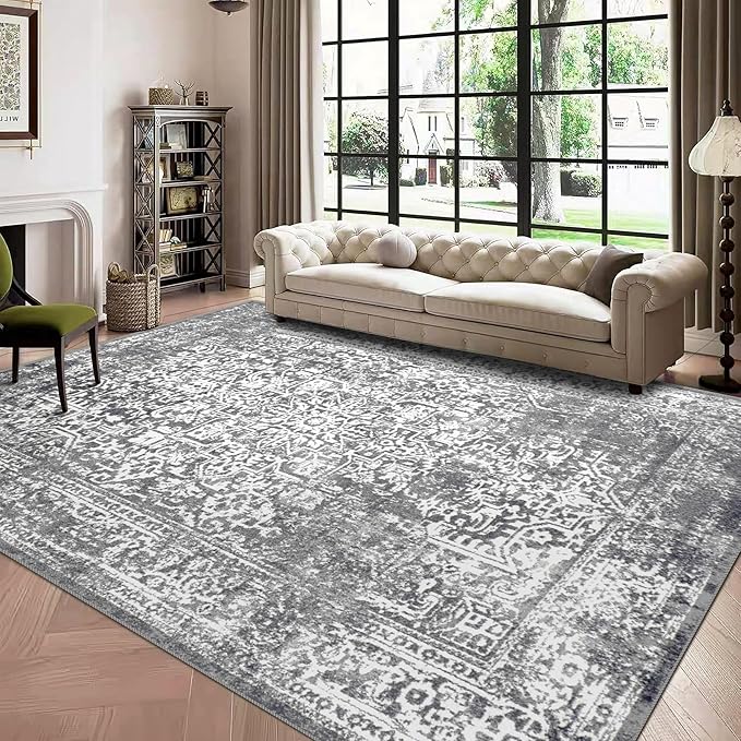 vivorug 8x10 Area Rugs, Stain Resistant Washable Rug for Living Room, Vintage-Inspired Grey Rug
