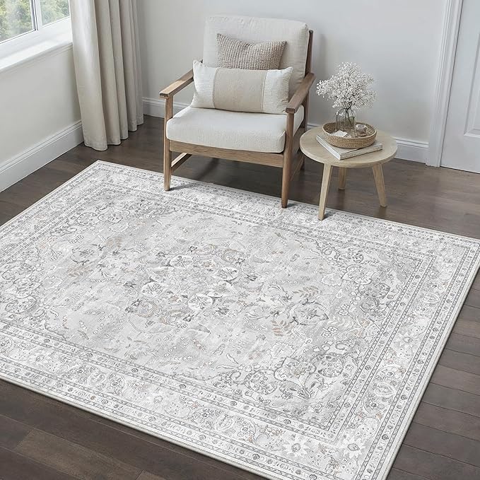 Grey 3x5 Area Rug Washable Vintage Carpet for Entryway Office Soft Retro Floral Kitchen Low Pile Thin Door Mat Non Slip Central Medallion Throw Rug for Bathroom Bedroom Dining Living Room