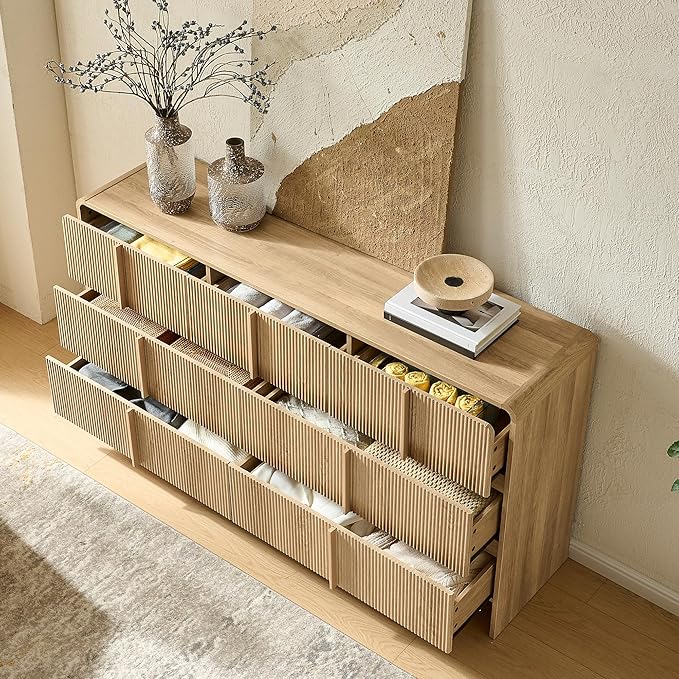 AMERLIFE 63" Fluted 7 Drawer Dresser, Wide Modern Chest of Storage Drawers with Pine Handles, Rounded Corners & Anti-Tip Design, Wood Closet Organizer for Bedroom, Living Room, Natural Oak