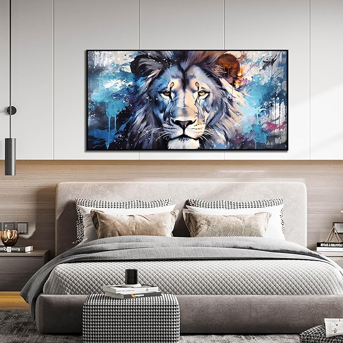 Lion Wall Art for Living Room, Animal Canvas Wall-Decor for Bedroom, Blue Picture Print, Large Size 59x29 Inches Framed