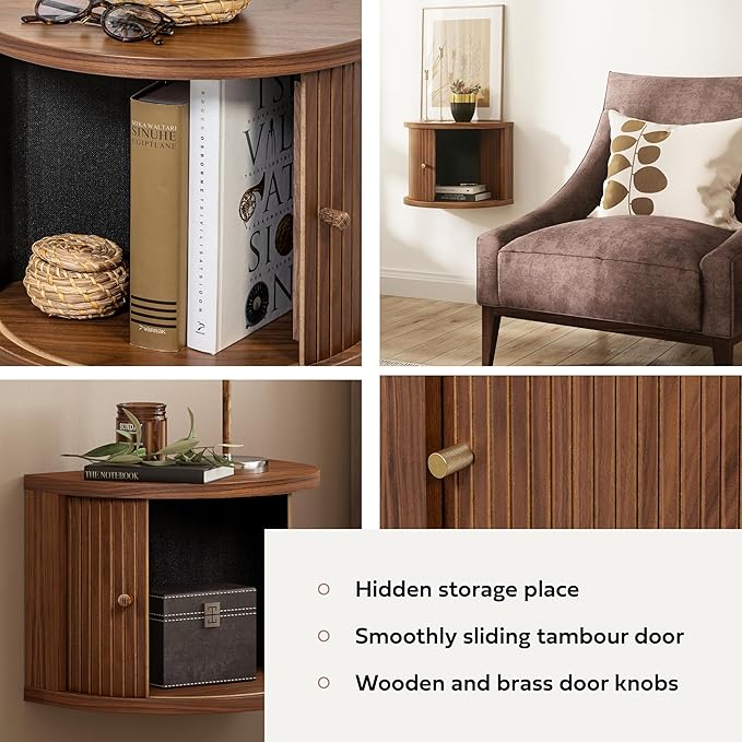 WERMO 16'' Floating Nightstand with Storage and Sliding Door - Floating Side Table for Living Room, Bedroom and Office. Mid Century Modern Nightstand Wood, Bedside Shelf Wall Mount (Walnut)