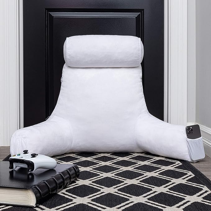 Husband Pillow Medium White, Backrest for Kids, Teens, Petite Adults - Reading Pillows with Arms, Adjustable Loft, Plush Memory Foam, Bed Rest Chair for Sitting Up, Detach Neck Roll, Removable Cover