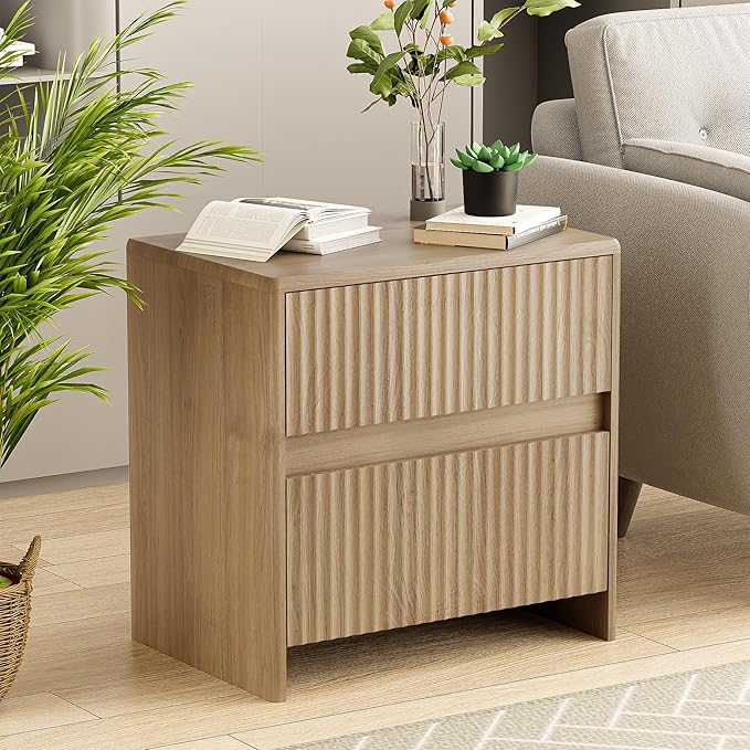 Fluted Nightstand, 23" Wood Bedside Table with 2 Storage Drawers, Oak Modern Night Stand for Bedroom, Office, Oak