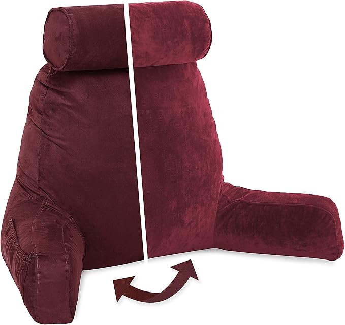 Husband Pillow XXL Aspen Edition, Adult Reading Sit Up Bed Rest Pillow for Bed with Arms & Neck Roll on Bungee Cord, Premium Memory Foam, Reversible 2 Sided Cover Micro Suede or Plush, Arizona Maroon