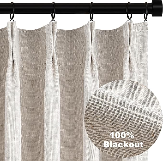 Topfinel Pinch Pleat Full Blackout Curtains & Drapes 84 Inch Length 2 Panels Set, Oatmeal Linen Room Darkening Soundproof Curtains with Hooks Rings for Bedroom Living Room Track System, Beige Ivory