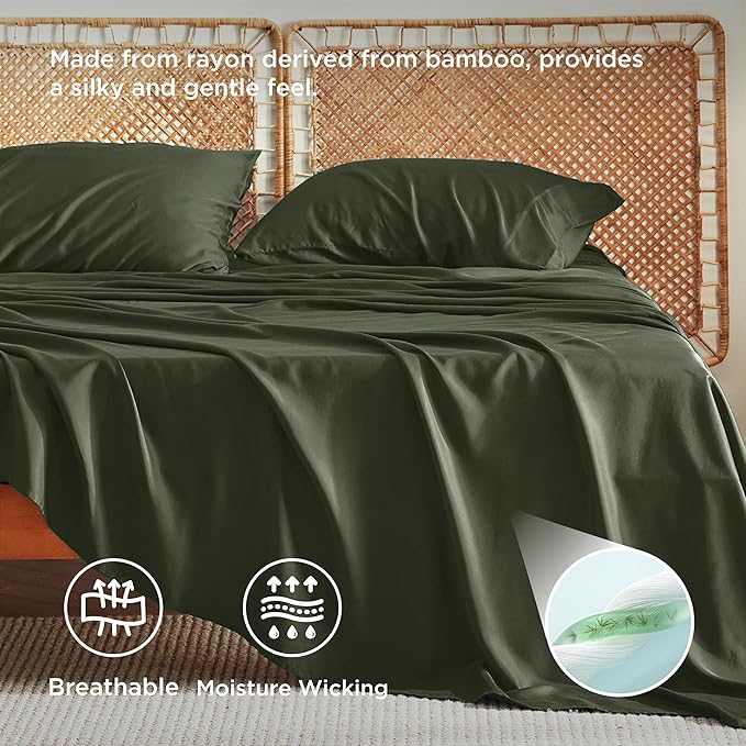 Bedsure King Size Sheets Set, Cooling Sheets for Hot Sleepers, Rayon Derived from Bamboo, Breathable & Soft, Deep Pocket Up to 16 Inches, Hotel Luxury Silky Bedding, Olive Green