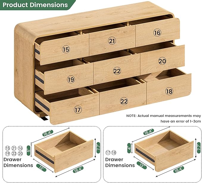 Natural Dresser for Bedroom with 9 Drawers, 57" Wide Modern Drawers with Curved Design, Wood Drawer Organizer for Living Room, Hallway