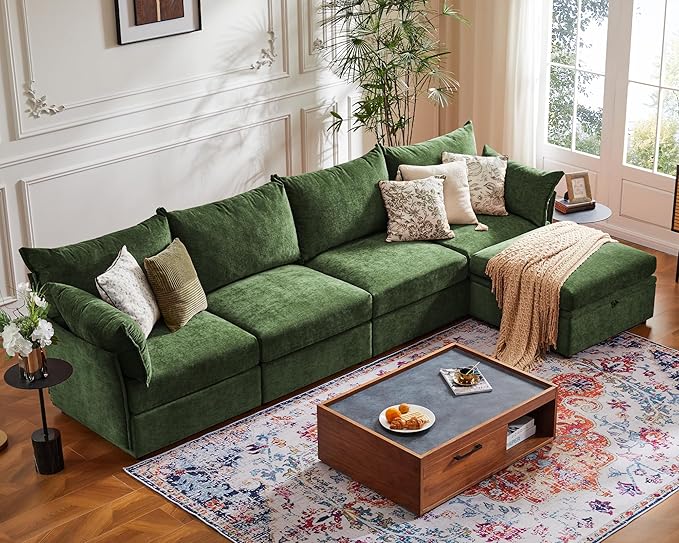 ABCASA 134.6" Luxury Modular Sectional Convertible Sofa with Storage Ottoman, L-Shape 5-Seat Oversized Comfy Couch Deep Seat with Reversible Chaise - Chenille Green