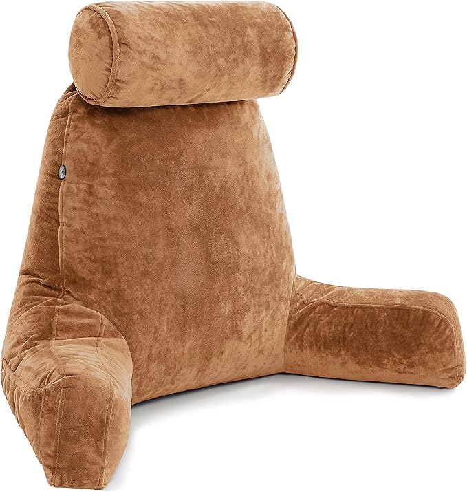 Husband Pillow XXL – Reading Pillow Bed Chair with Arms & Back Support – Tan - Back Pillow for Beds Sitting Up – Bed Rest Arm Pillow – Comfy Reading Pillow for Adults