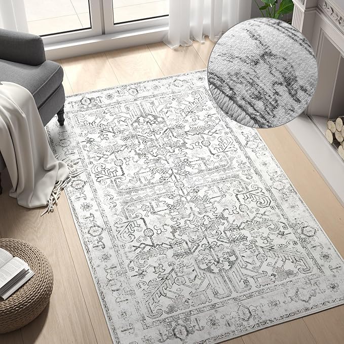 jinchan Lima Washable Area Rug 3x5 Entryway Rug - Distressed Vintage Floral Ultra-Thin Low-Pile Soft Non-Shedding Indoor Floor Carpet for Kitchen Bedroom Entrance Laundry Living Room (3x5ft, Grey)