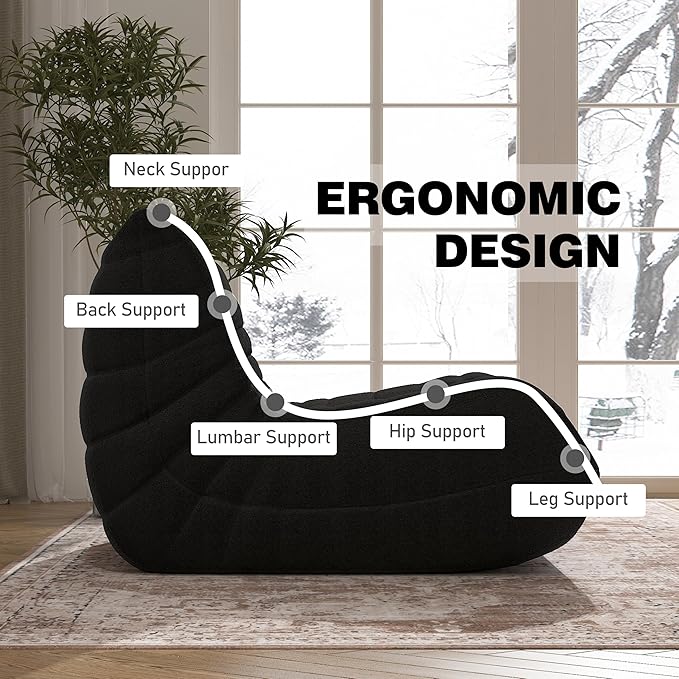 Bean Bag Chair, Memory Foam Bean Bag Sofa Large Bean Bag Chair for Adults, Bean Bag Chairs for Teens with High Density Comfortable Foam, Memory Foam Lazy Sofa for Living Room, Bedroom (Black)