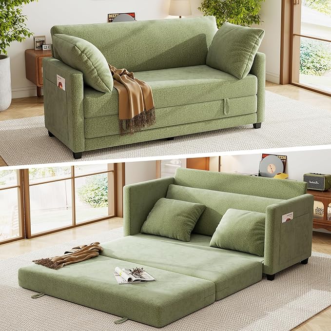 65" Loveseat Sleeper Sofa Bed, Chenille Convertible Floor Sofa Bed for Small Spaces, Folding Couch Bed with Deep Seat, 2 Pillows & Solid Frame, Pull Out Floor Couch for Living Room, Green
