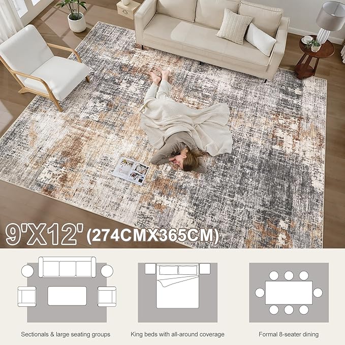 Area Rug Living Room Rugs - 9x12 Washable Large Soft Indoor Neutral Modern Abstract Low Pile Rug Carpet for Bedroom Dining Room Farmhouse Home Office - Grey Brown