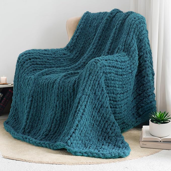 Chunky Knit Throw Blanket 60"X 80", 100% Handmade with Soft Chenille Yarn, 6.7lbs Thick Cable Knitted Blankets, Large Rope Knot Crochet Throws for Couch Sofa Bed Home Decor, Mineral Blue