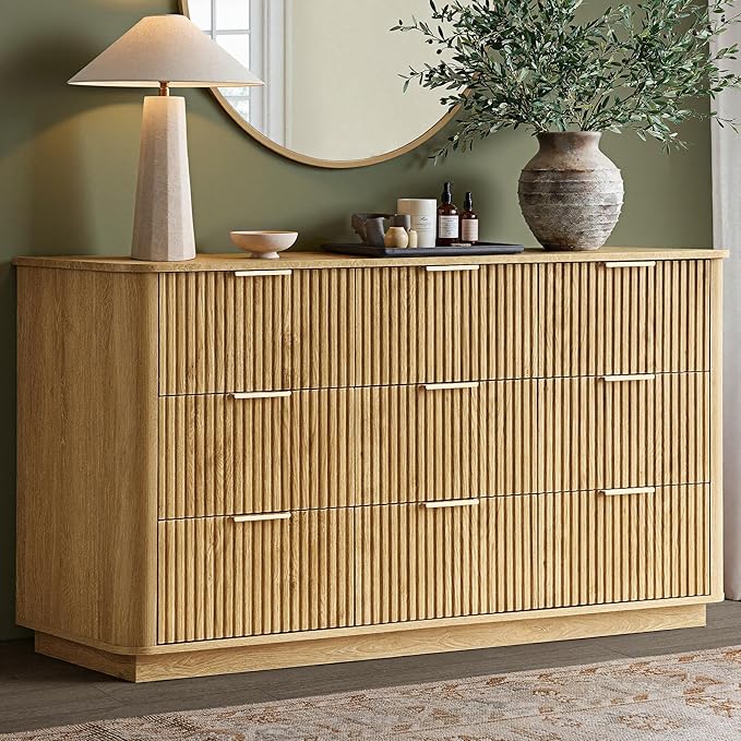 win2win 9 Drawer Dresser, Modern Dresser with Storage, 55" Wide Fluted Chest of Drawers with Faux Marble Top, Dressers TV Stand, Minimalist Drawers Organizer for Bedroom, Living Room, Hallway, Oak